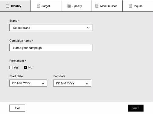 Wireframes for the campaign manager's step-by-step builder flow